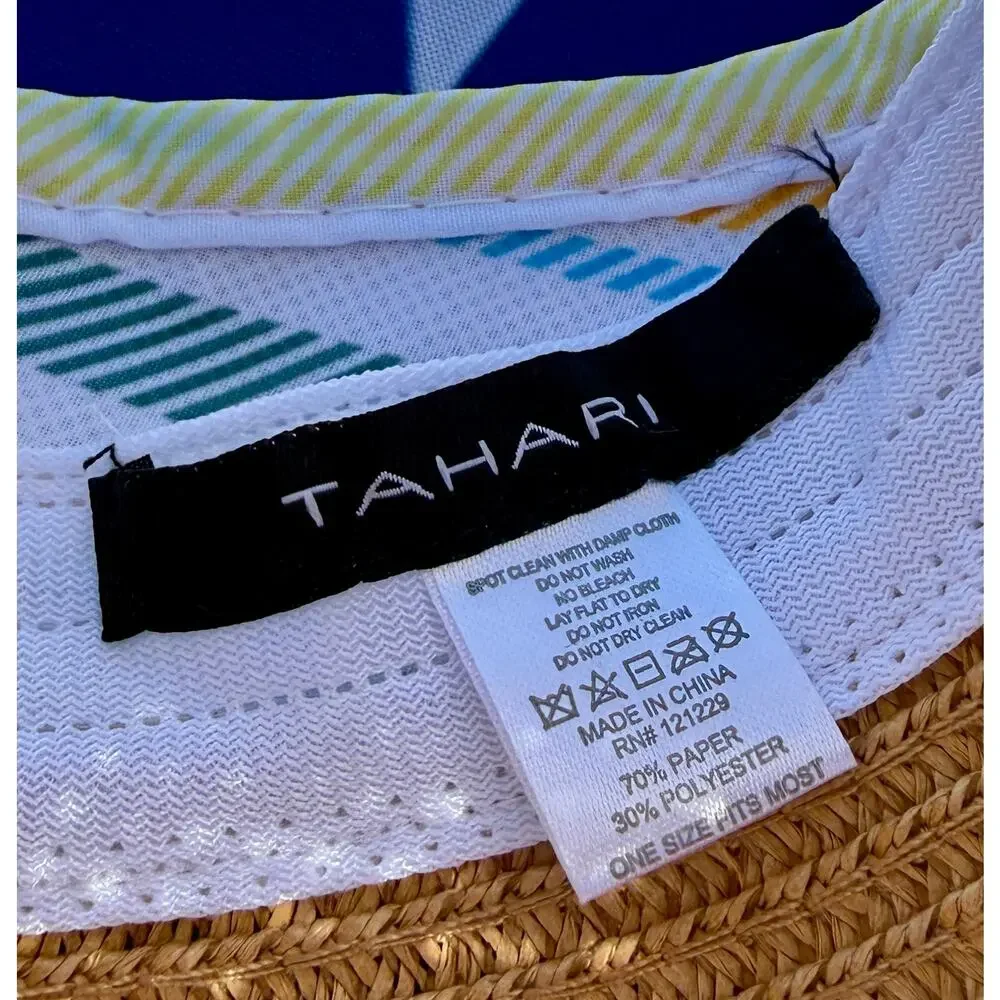 TAHARI Wide Brim Roll Up Sun Hat‎ Packable Paper Blend OS Multi White Trim, EUC